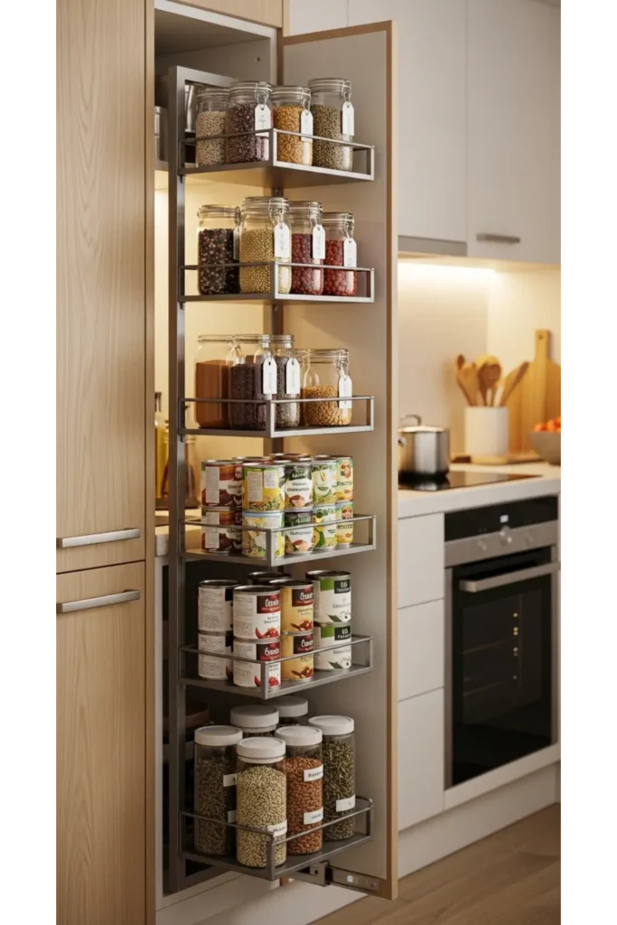 23 Small Kitchen Organization Ideas to Save Space 4 Install Pull Out Pantry Shelves