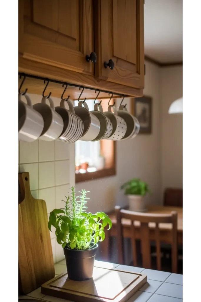 23 Small Kitchen Organization Ideas to Save Space 10 Install Under Cabinet Hooks