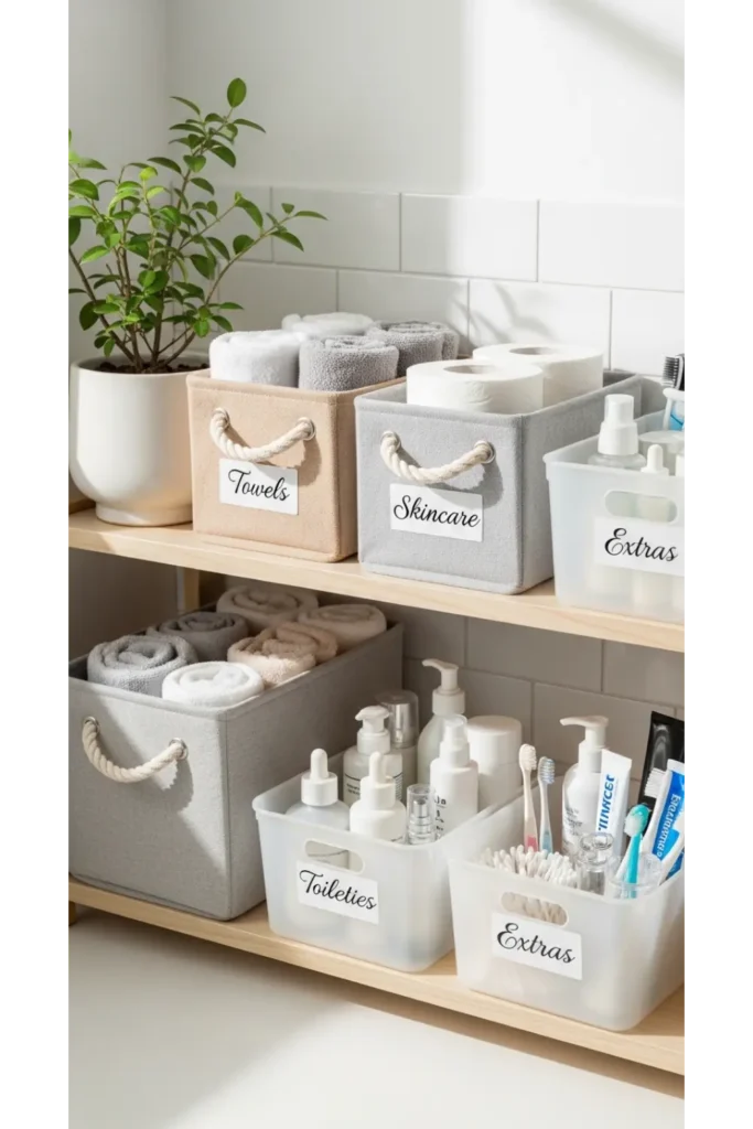24 Tiny Bathroom Organization Tips For Clutter Free 19 Labeled Bathroom Storage Bins