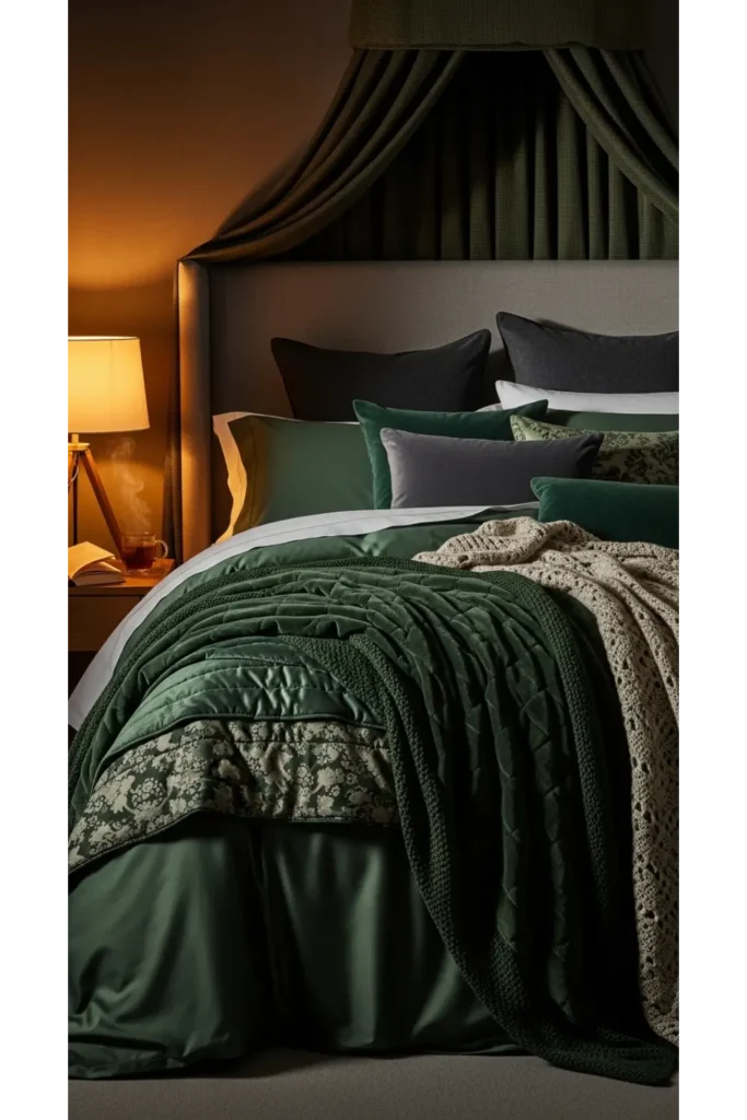 Dark Green Moody Bedroom: 23 Cozy Luxe Ideas 5 Layered Dark Green Bedding