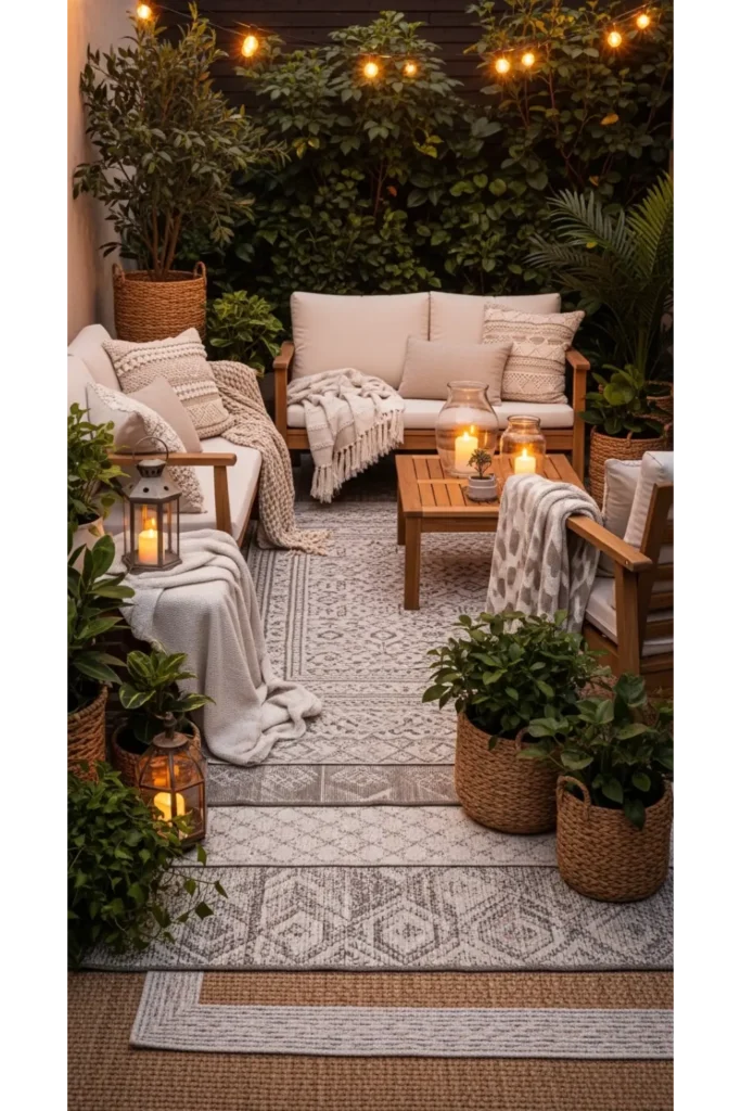 Patio Interior Ideas 20: Cozy, Budget-Friendly Style 2 Layered Textiles for a Soft Patio Interior