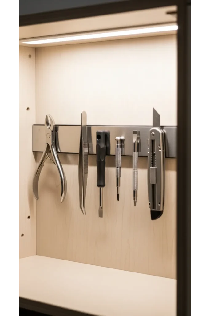 23 Tiny Bathroom Storage Ideas to Maximize Space 10 Magnetic Storage Strip