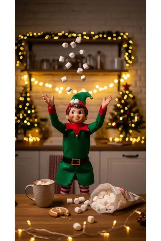 25 Funny Elf on the Shelf Ideas for Busy Parents 2 Marshmallow Snow Fight