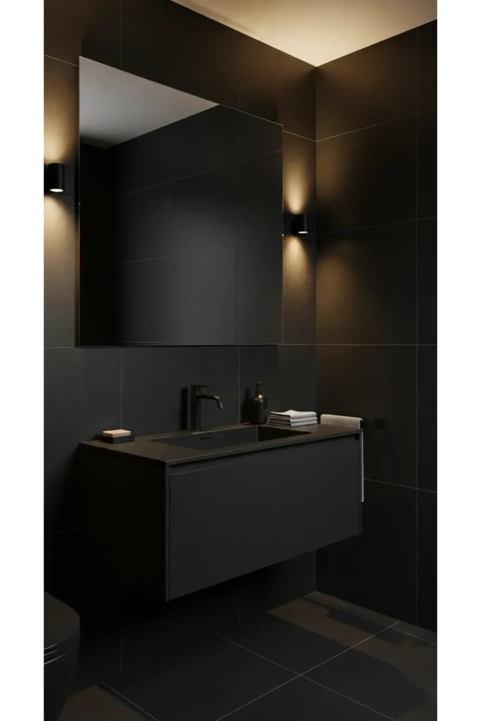21+ Small All Black Bathroom Ideas That Look Luxurious 2 Matte Black Minimalist Retreat