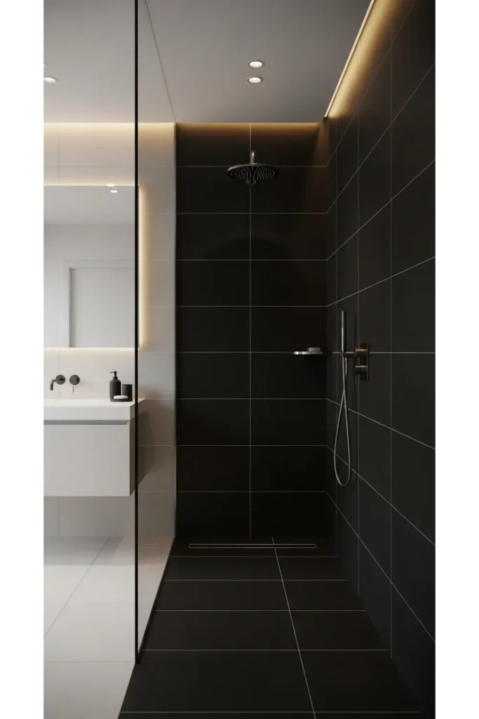 23 Modern Black Bathroom Shower Ideas That Feel Luxe & Bold 2 Matte Black Tile Walk In Retreat