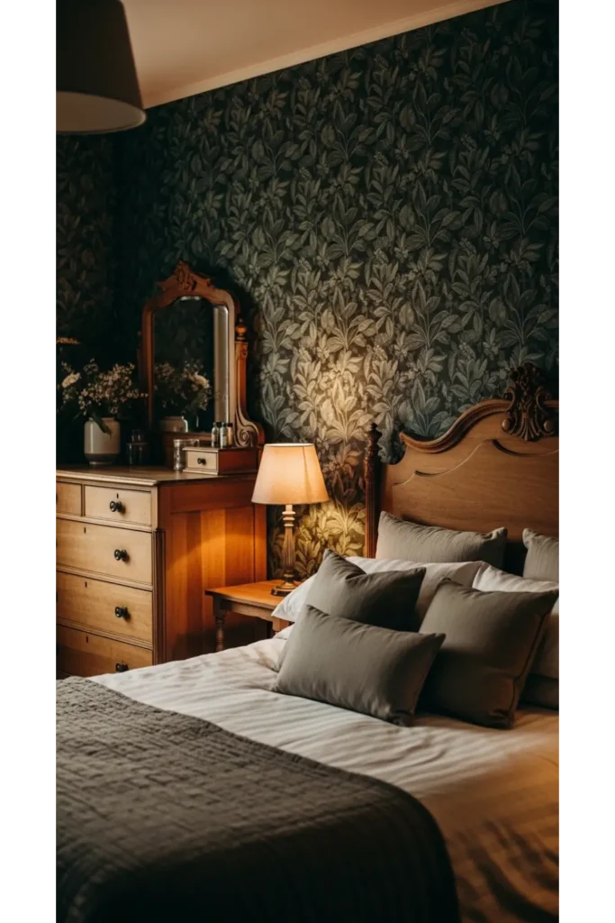 Dark Green Moody Bedroom: 23 Cozy Luxe Ideas 4 Moody Botanical Wallpaper