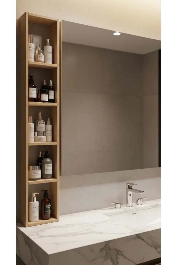 23 Tiny Bathroom Storage Ideas to Maximize Space 23 Narrow Shelf Beside Vanity