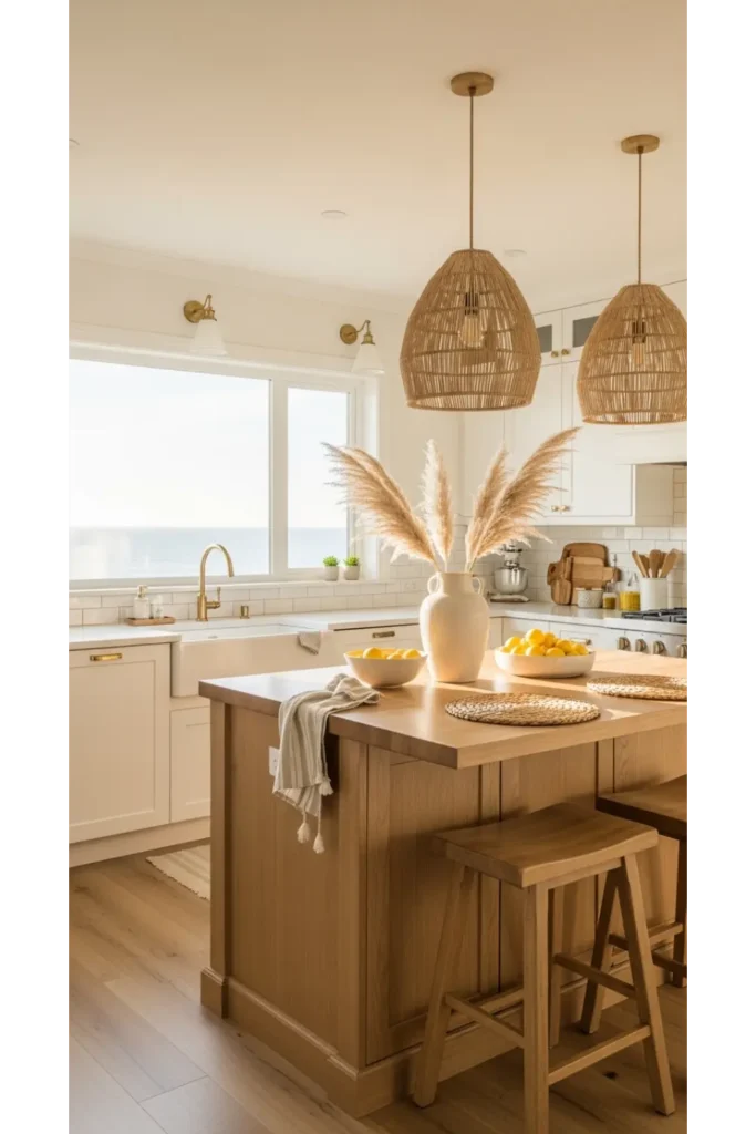 21 Coastal Kitchen Ideas to Make Your Home Feel Beachy 6 Natural Rattan Lighting Fixtures