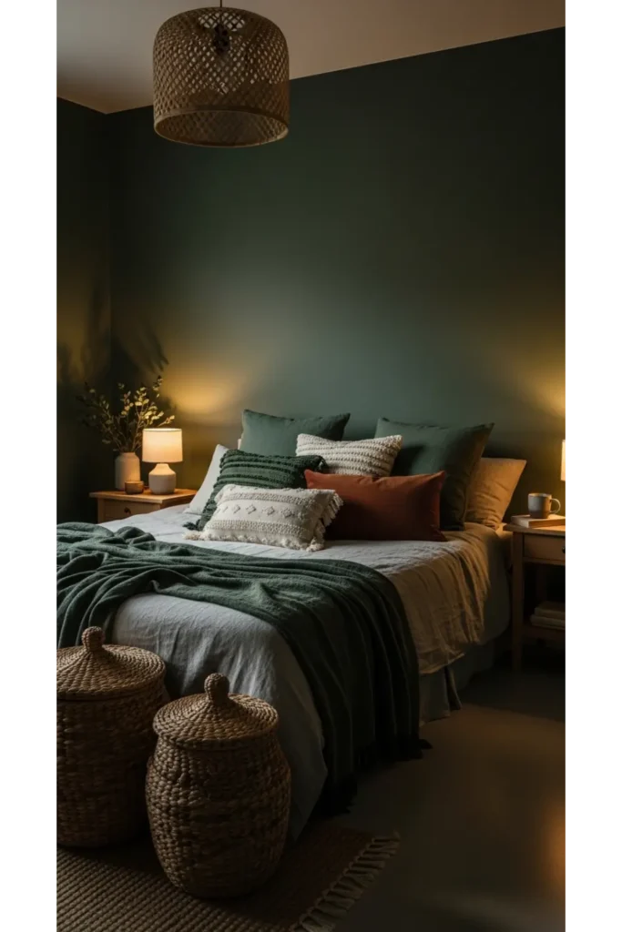 Dark Green Moody Bedroom: 23 Cozy Luxe Ideas 13 Natural Texture Layering