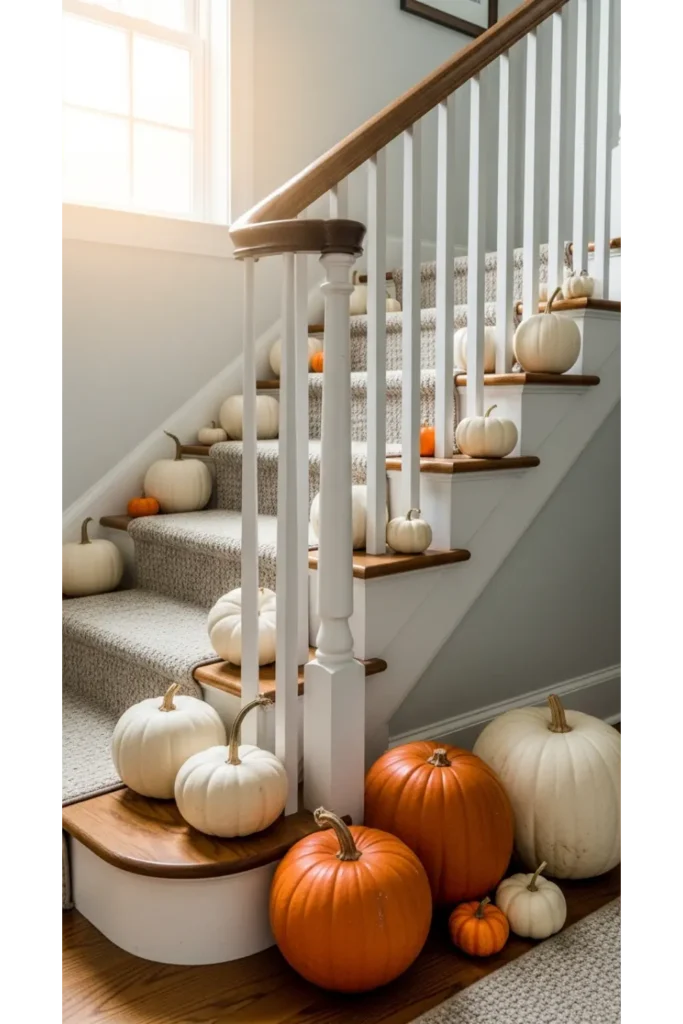 23 farmhouse fall decor ideas for cozy homes 16 Neutral Pumpkin Staircase Display