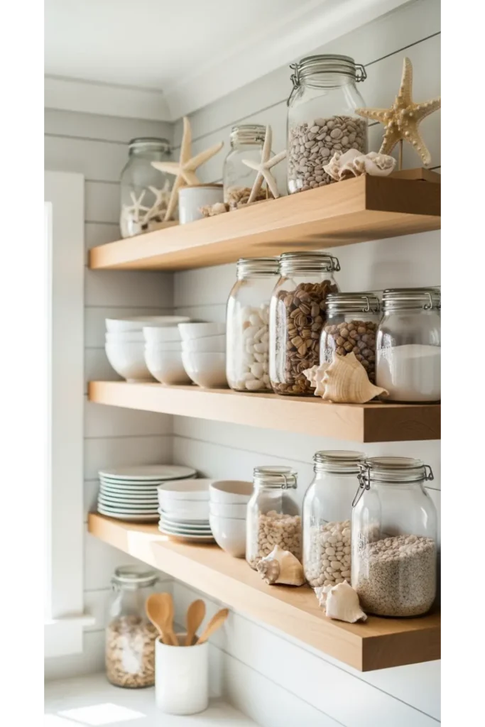 21 Coastal Kitchen Ideas to Make Your Home Feel Beachy 4 Open Shelving With Ocean Decor
