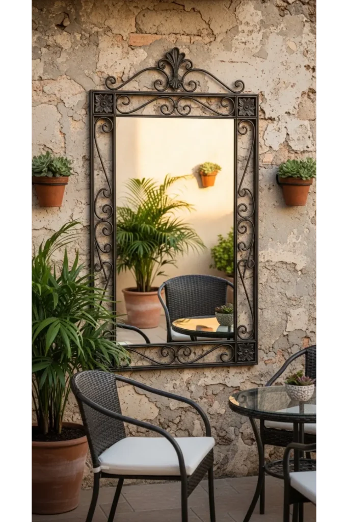 Patio Interior Ideas 20: Cozy, Budget-Friendly Style 13 Outdoor Mirror for Visual Space