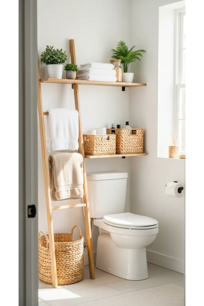 24 Tiny Bathroom Organization Tips For Clutter Free 3 Over the Toilet Storage Ladder