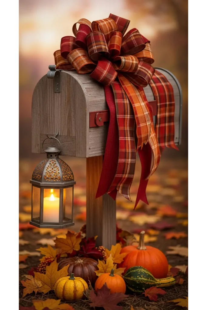 Fall Mailbox Decor Ideas For Cozy Curb Appeal 23 4 Plaid Ribbon and Lantern Accent