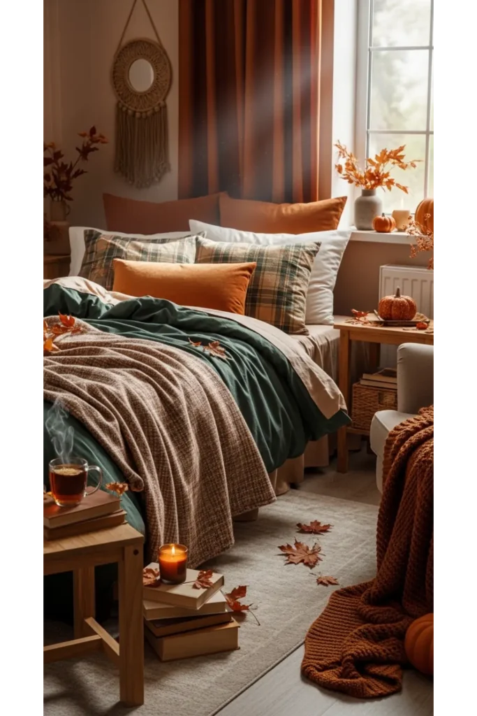 21+ Fall Bedroom Decor Ideas for Instant Warmth 9 Plaid and Checkered Accents
