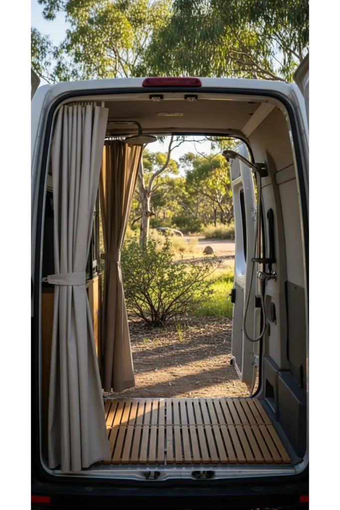 Campervan Interior 23: Max Space & Cozy Travel 24 Rear Outdoor Shower Setup