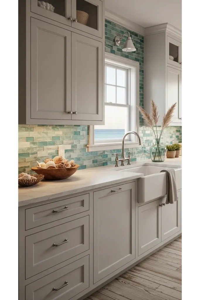 21 Coastal Kitchen Ideas to Make Your Home Feel Beachy 15 Sea Glass Backsplash