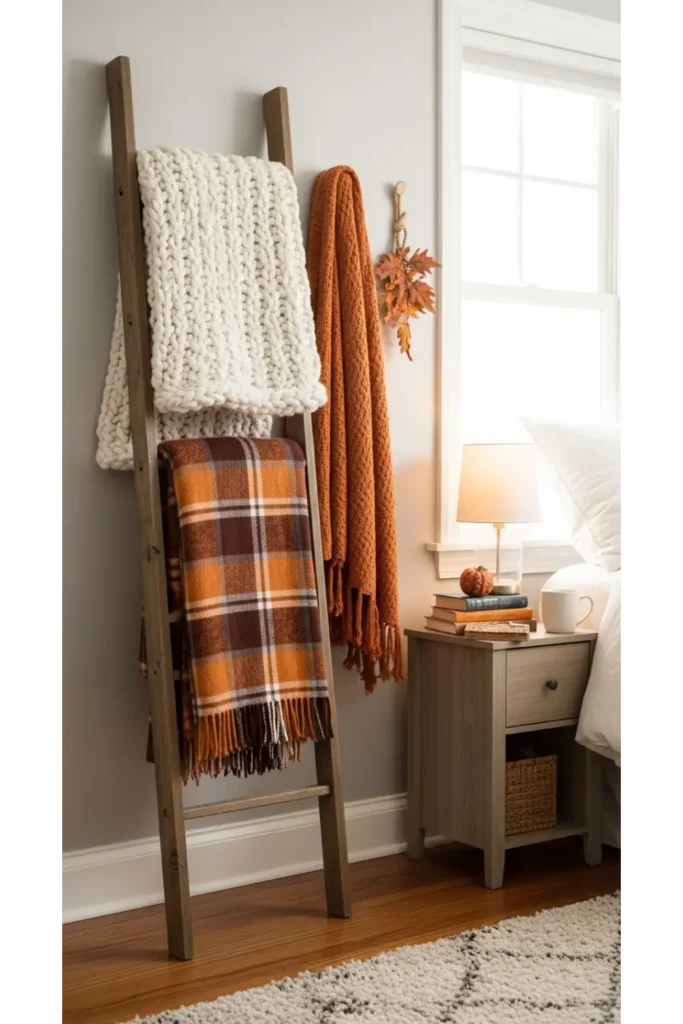 21+ Fall Bedroom Decor Ideas for Instant Warmth 20 Seasonal Throw Blanket Ladder