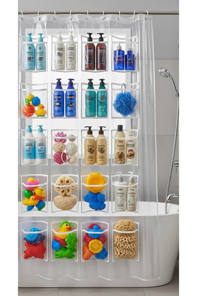 24 Tiny Bathroom Organization Tips For Clutter Free 6 Shower Curtain Pocket Organizer