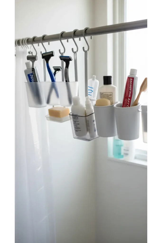 23 Tiny Bathroom Storage Ideas to Maximize Space 20 Shower Rod Hanging Storage Cups