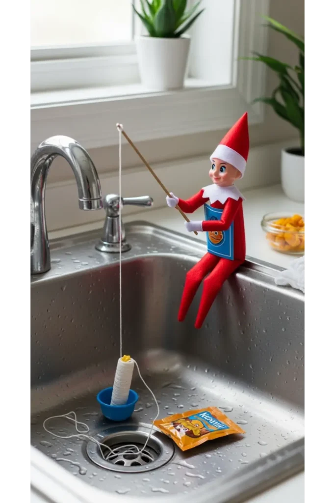 25 Funny Elf on the Shelf Ideas for Busy Parents 17 Sink Fishing Elf