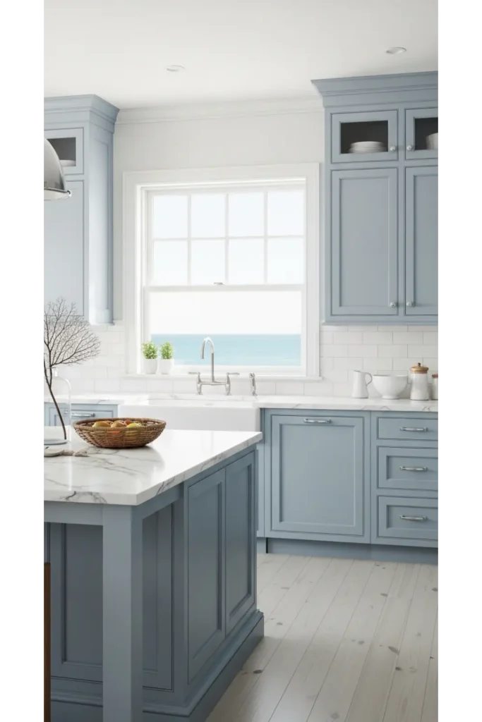 21 Coastal Kitchen Ideas to Make Your Home Feel Beachy 5 Soft Blue Coastal Cabinets