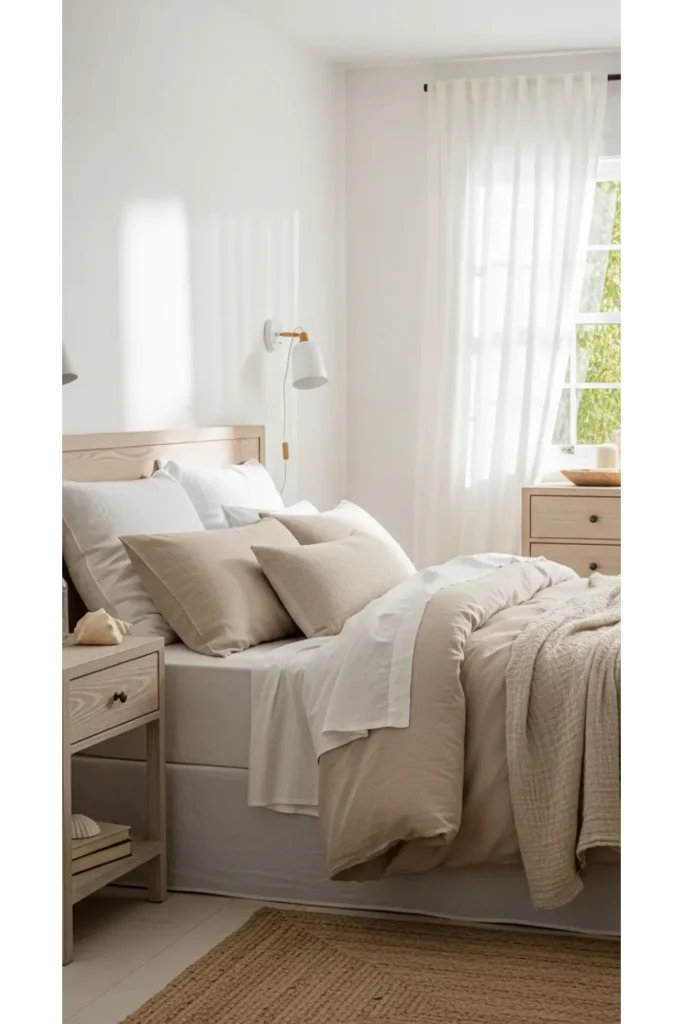 23 Coastal Bedroom Decor Ideas For Relaxing Style 2 Soft White and Sandy Beige Palette