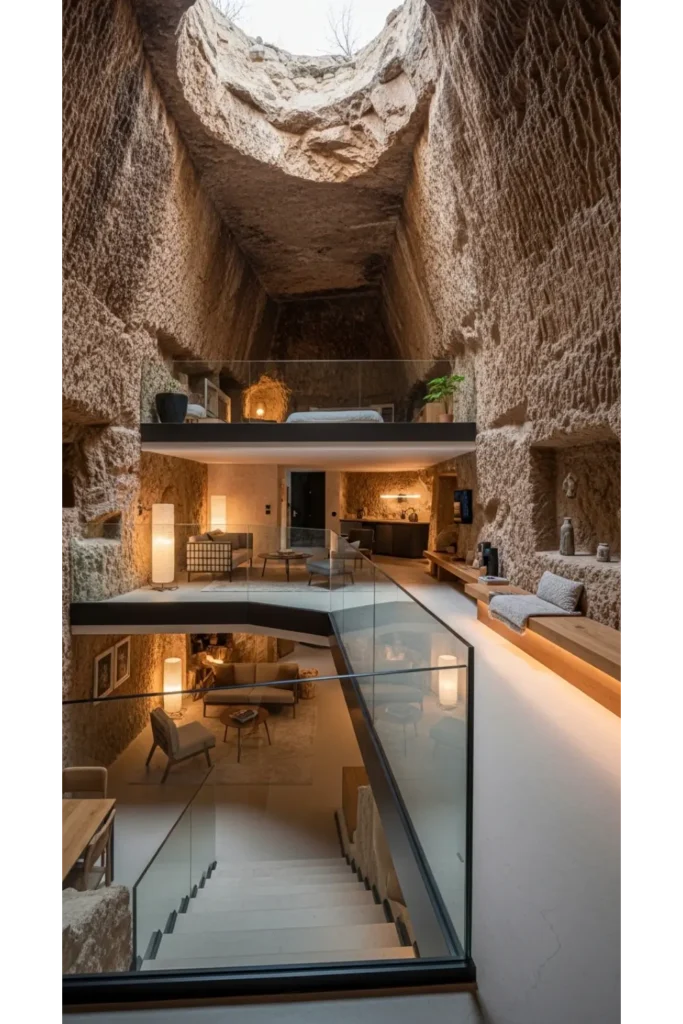 Cave Homes Ideas 23: Stunning & Cozy Living 16 Split Level Cave Design