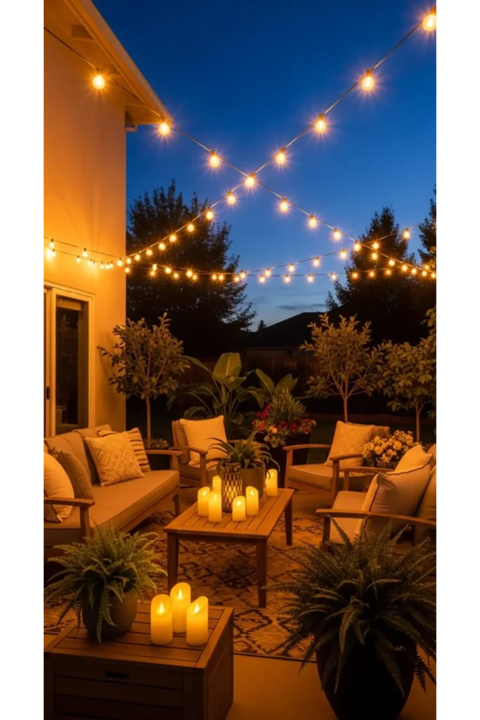 Patio Interior Ideas 20: Cozy, Budget-Friendly Style 4 String Light Canopy for Warm Evening Atmosphere