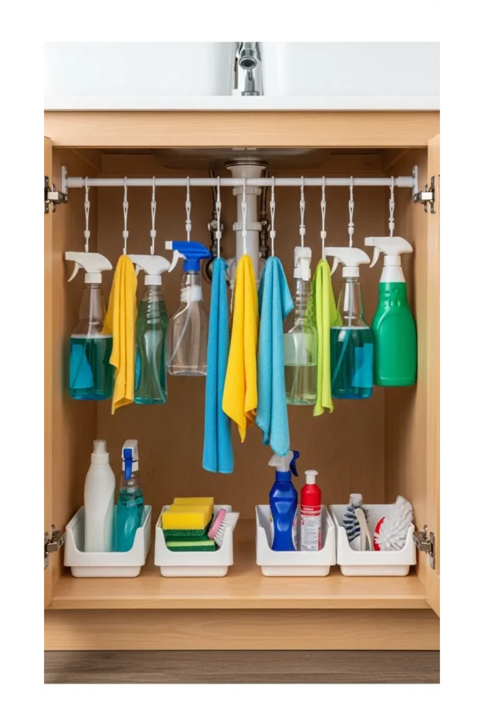 24 Tiny Bathroom Organization Tips For Clutter Free 18 Tension Rod Cleaning Supply Holder