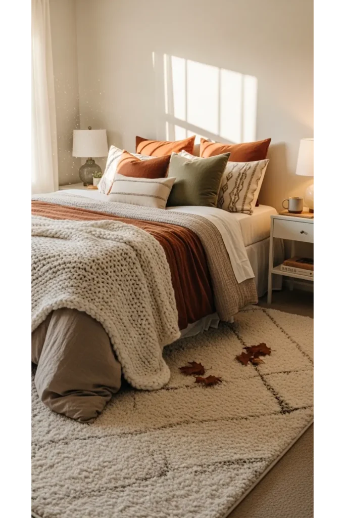 21+ Fall Bedroom Decor Ideas for Instant Warmth 6 Textured Area Rug