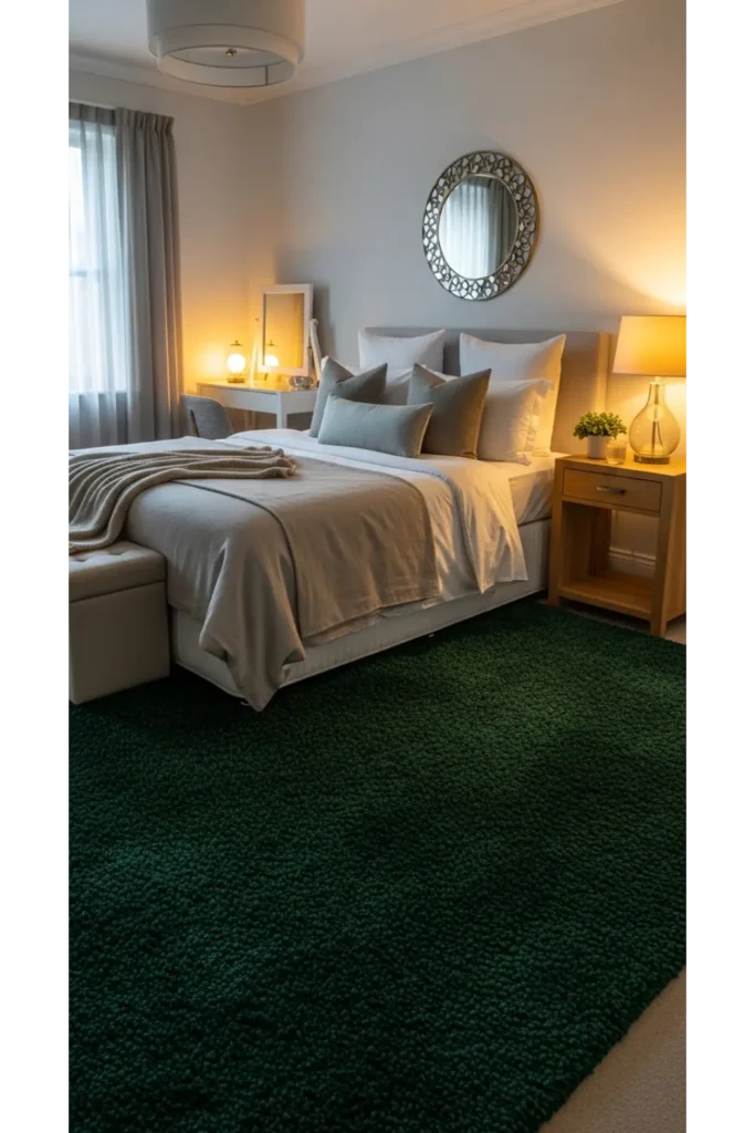 Dark Green Moody Bedroom: 23 Cozy Luxe Ideas 17 Textured Green Rug