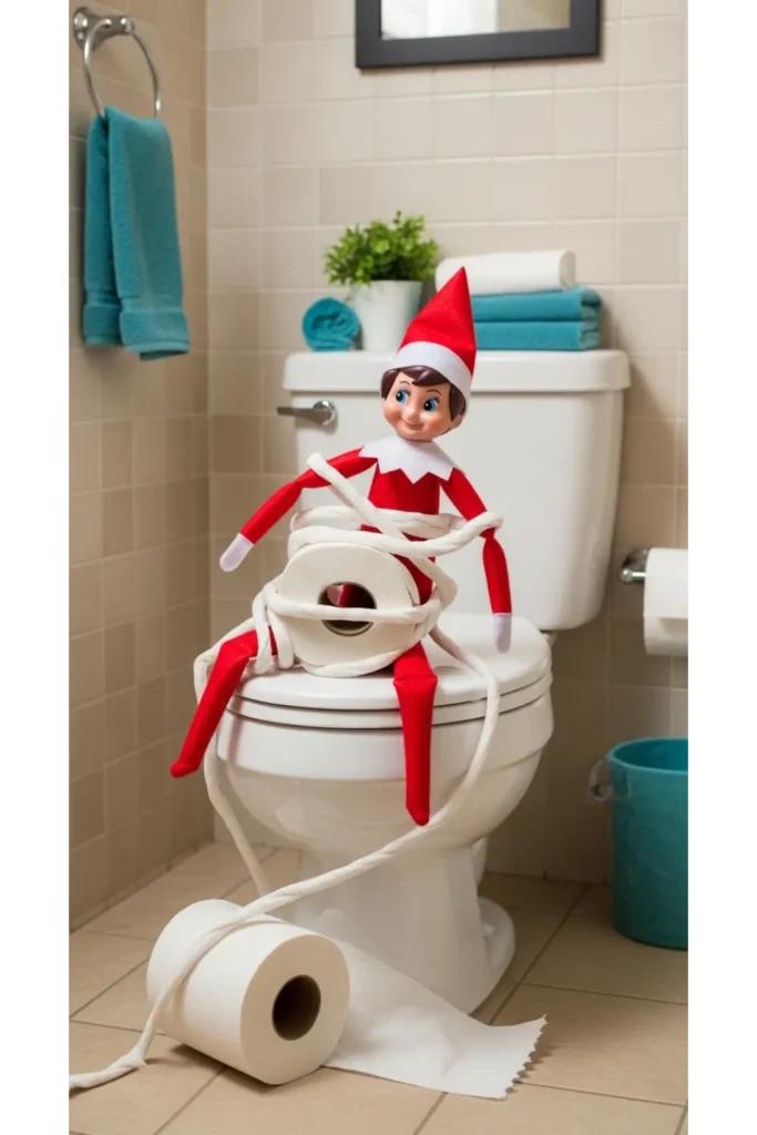 25 Funny Elf on the Shelf Ideas for Busy Parents 3 Toilet Paper Roll Trouble