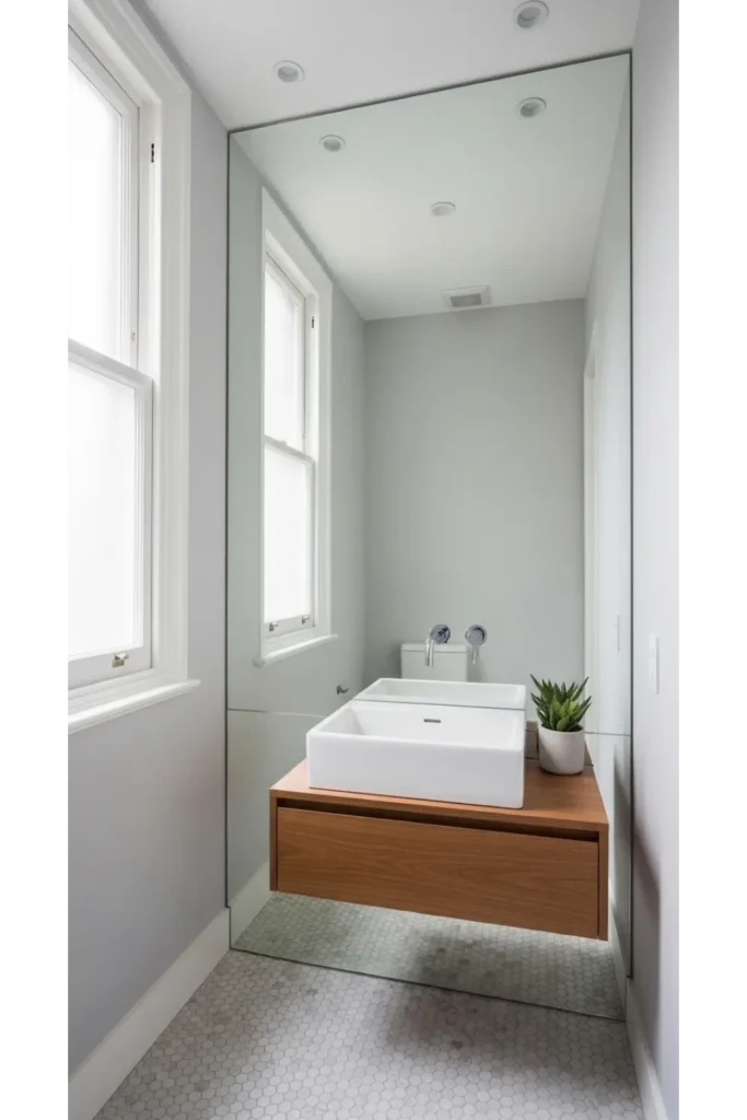 23 Tiny Bathroom Ideas to Make Your Space Look Bigger 4 Use Large Mirrors to Expand the Room