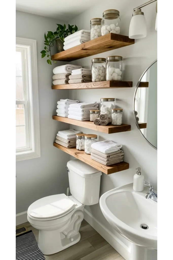 23 Tiny Bathroom Ideas to Make Your Space Look Bigger 15 Use Open Shelving Instead of Cabinets