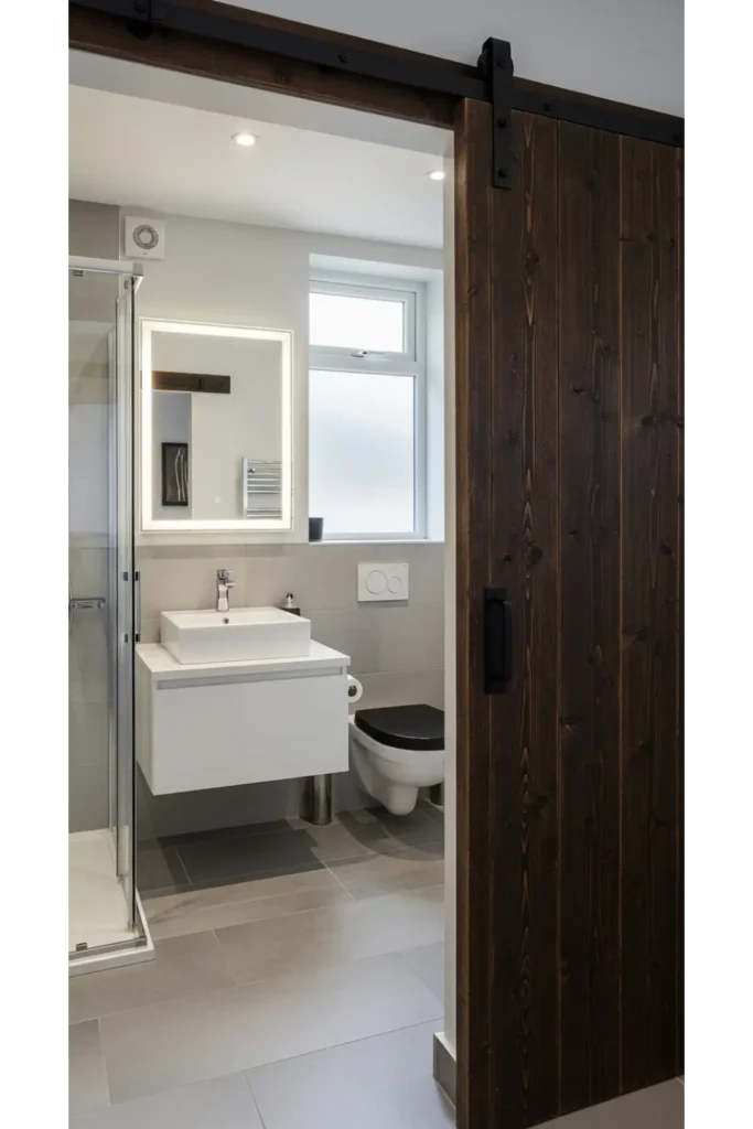 23 Tiny Bathroom Ideas to Make Your Space Look Bigger 13 Use Sliding Bathroom Doors