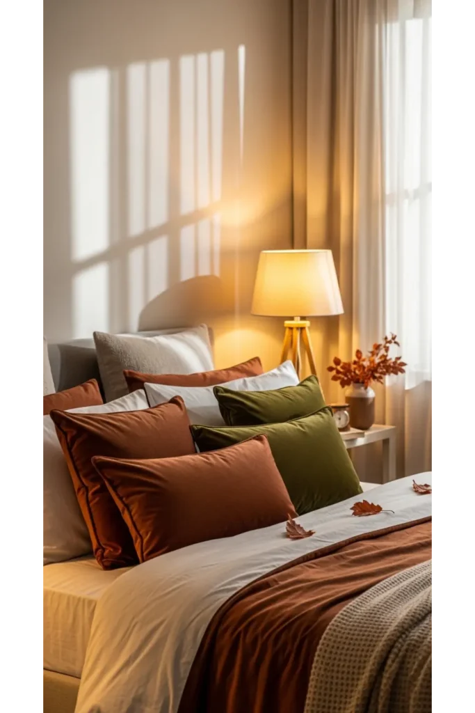 21+ Fall Bedroom Decor Ideas for Instant Warmth 10 Velvet Accent Pillows