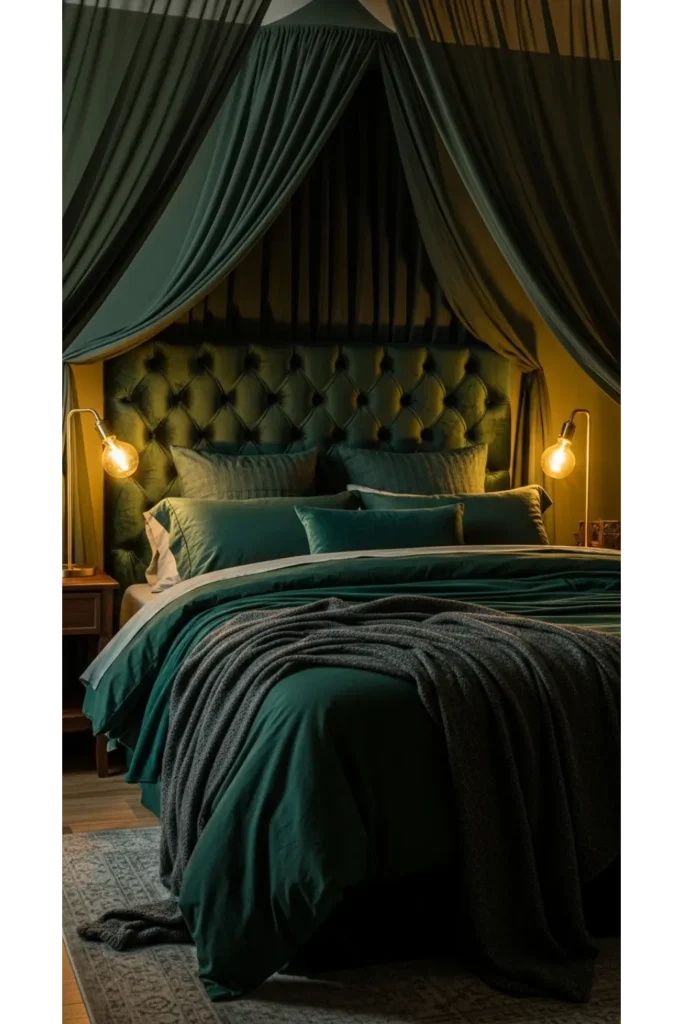 Dark Green Moody Bedroom: 23 Cozy Luxe Ideas 3 Velvet Emerald Headboard