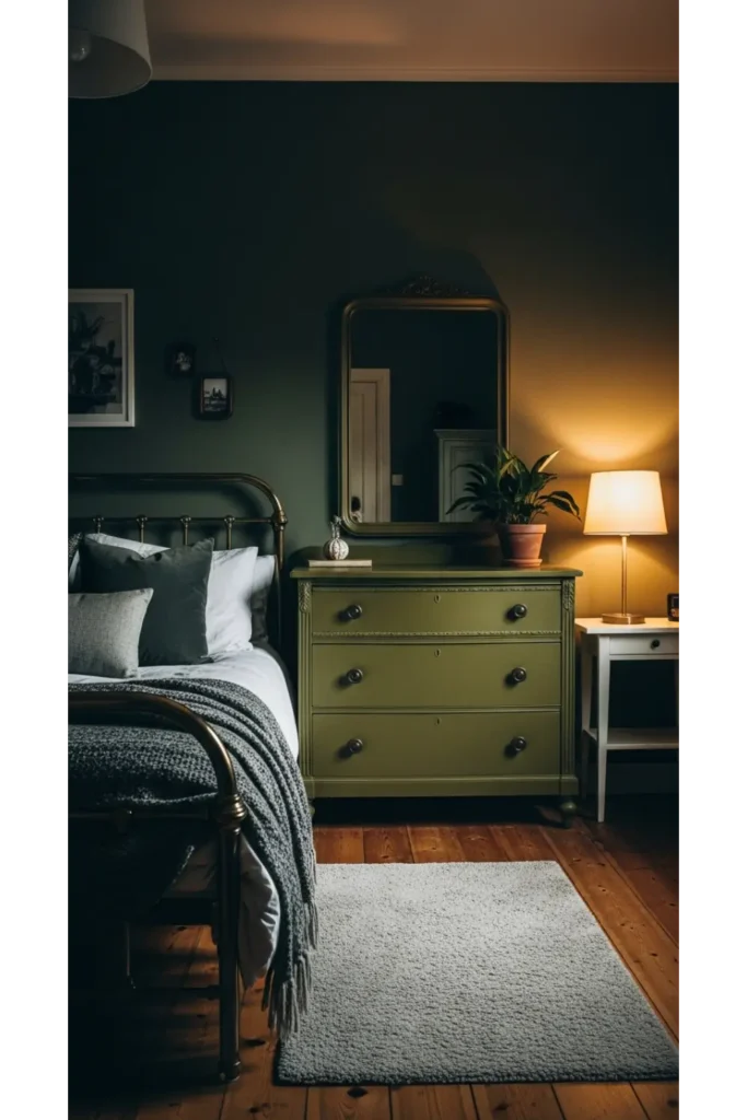 Dark Green Moody Bedroom: 23 Cozy Luxe Ideas 11 Vintage Green Furniture
