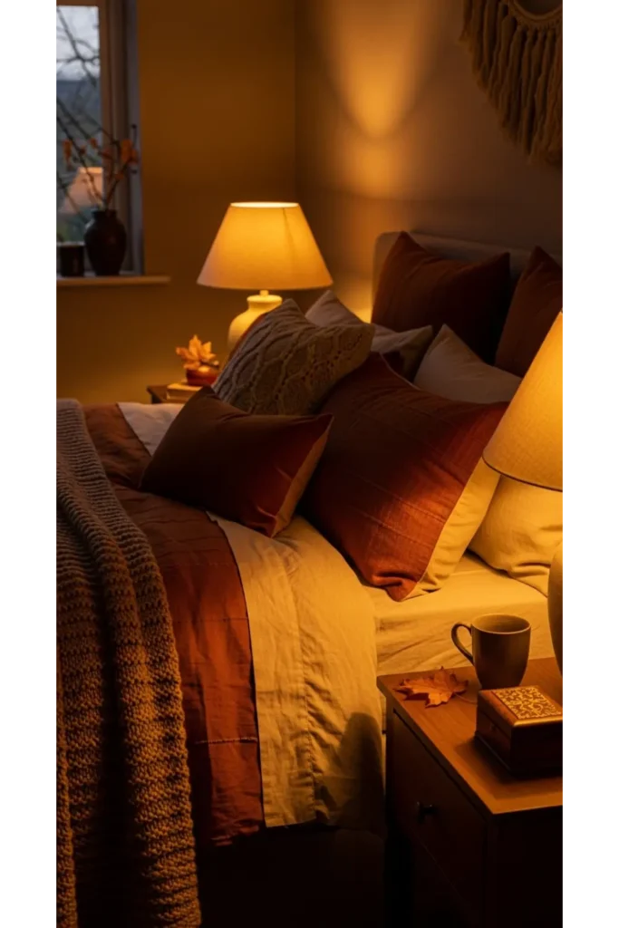 21+ Fall Bedroom Decor Ideas for Instant Warmth 4 Warm Ambient Lighting