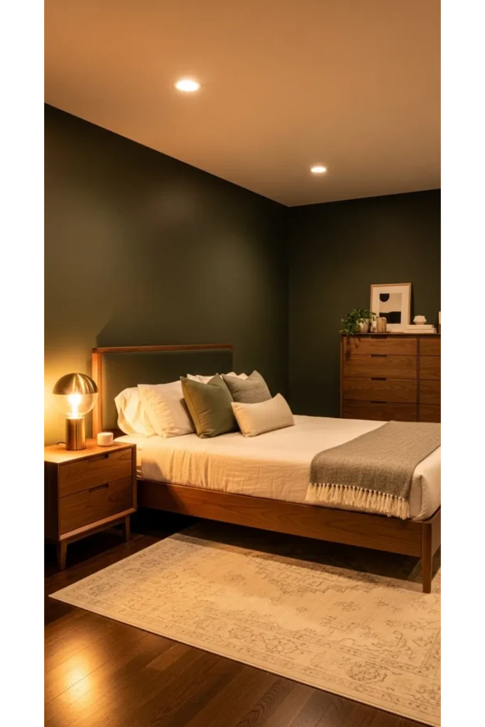 Dark Green Moody Bedroom: 23 Cozy Luxe Ideas 6 Warm Wood and Green Palette