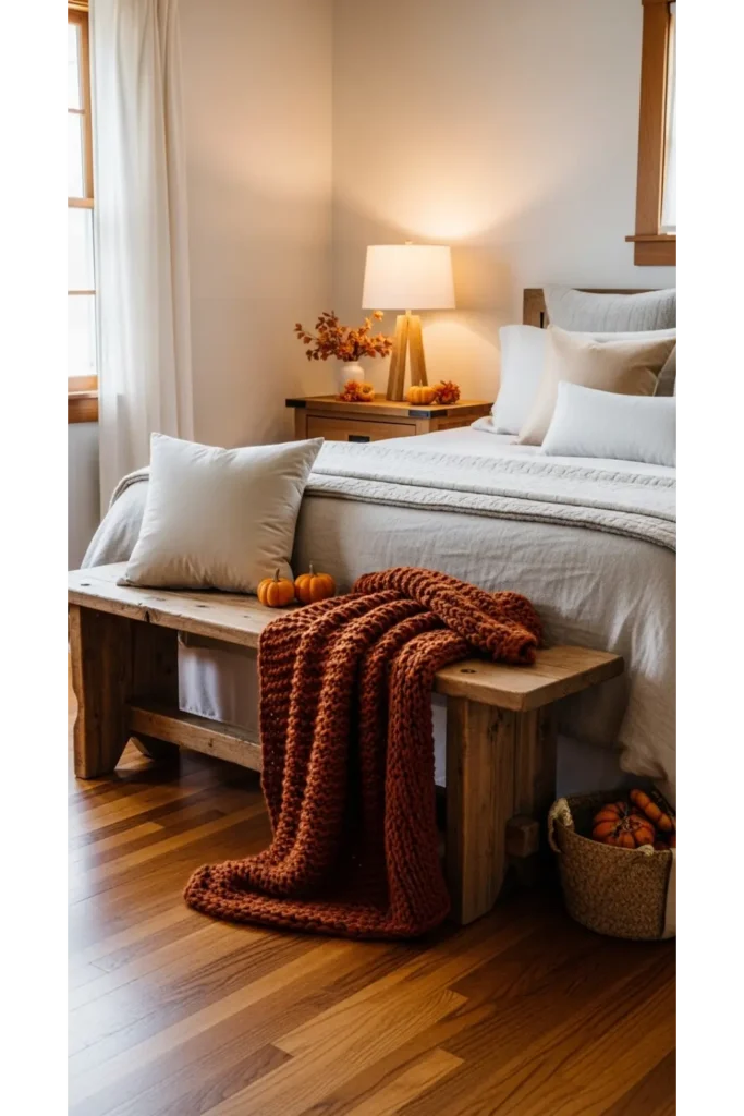 21+ Fall Bedroom Decor Ideas for Instant Warmth 5 Wooden Accent Pieces