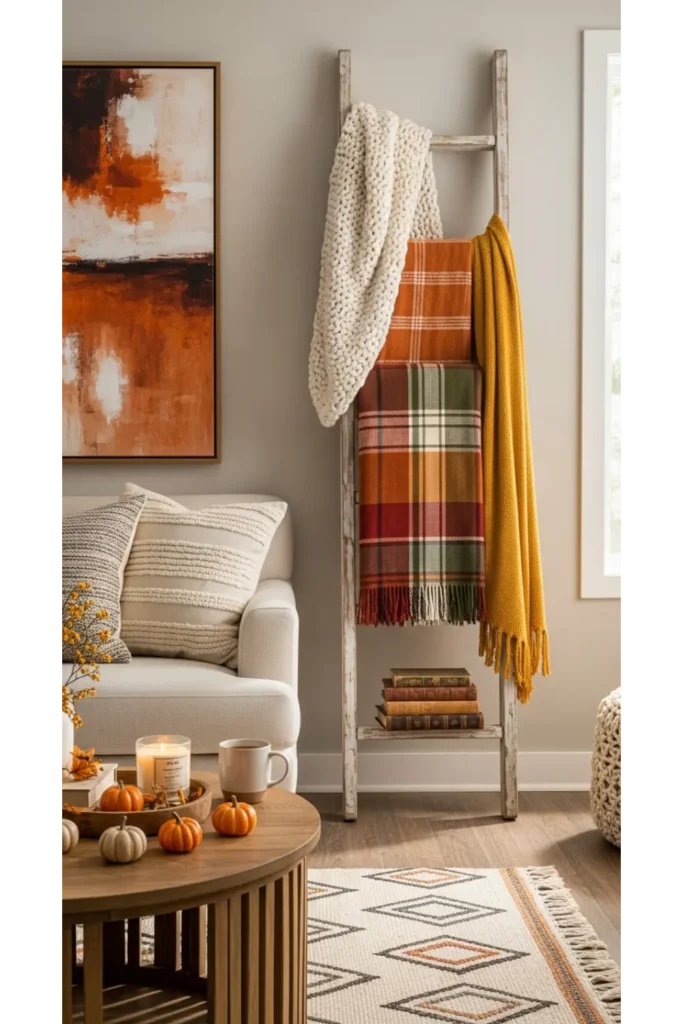 Modern Fall Decor: 23 Easy Ideas for a Cozy Home 20 Wooden Ladder Blanket Display