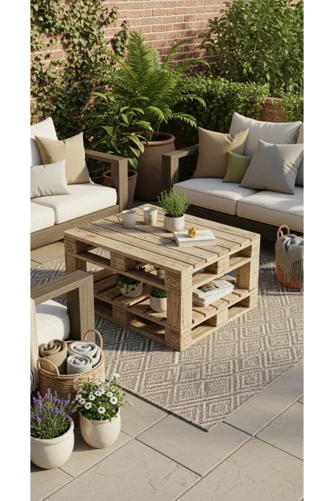 Patio Interior Ideas 20: Cozy, Budget-Friendly Style 6 Wooden Pallet Coffee Table for Budget Style