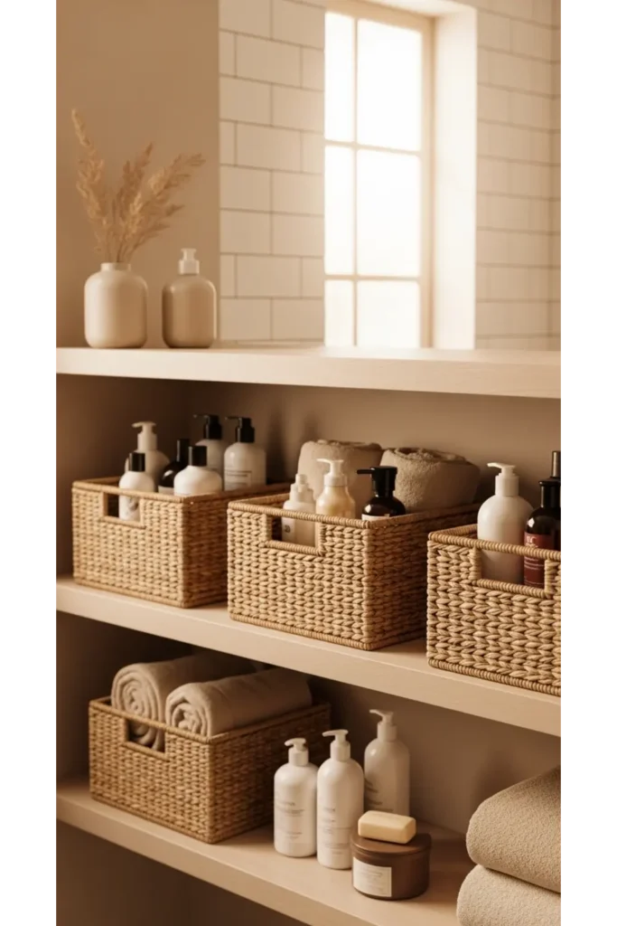 23 Tiny Bathroom Storage Ideas to Maximize Space 11 Woven Basket Storage