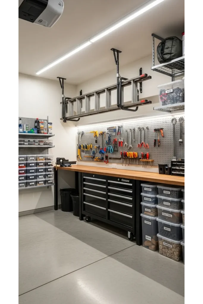 Compact Ladder Storage on Wall Hooks