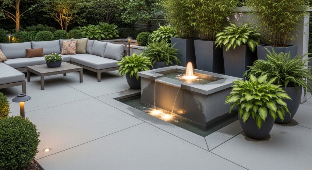 Back Patio Ideas Concrete: 23 Stylish Upgrades 9 Concrete Patio With Water Feature