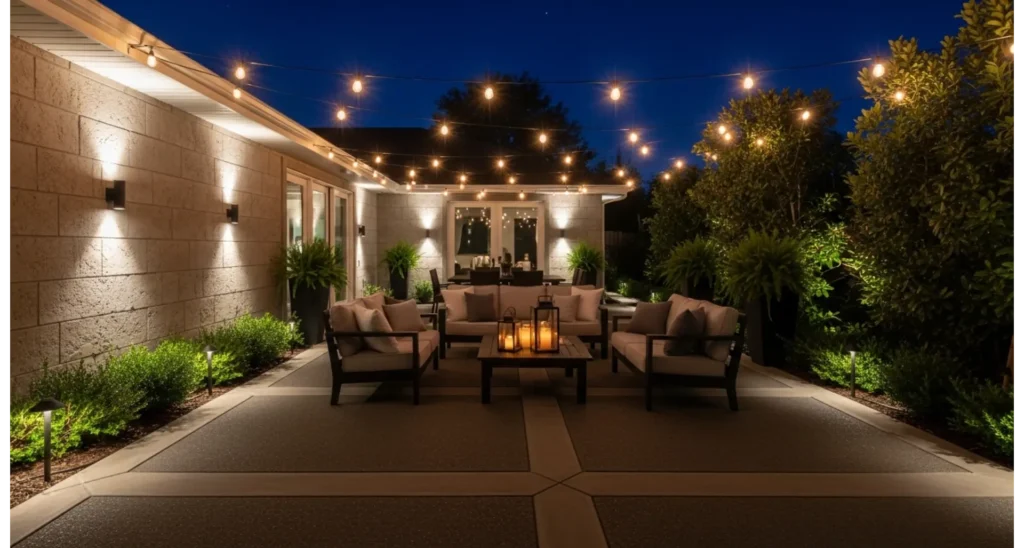 Back Patio Ideas Concrete: 23 Stylish Upgrades 24 Concrete Patio with Layered Lighting Plan