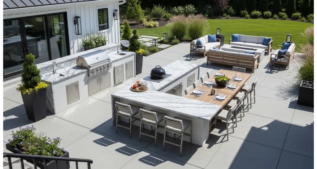 Back Patio Ideas Concrete: 23 Stylish Upgrades 22 Concrete Patio with Outdoor Kitchen Corner