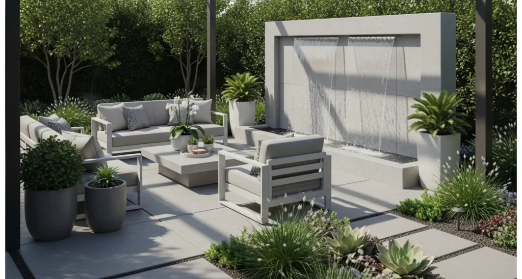 Back Patio Ideas Concrete: 23 Stylish Upgrades 20 Concrete Patio with Water Feature Accent